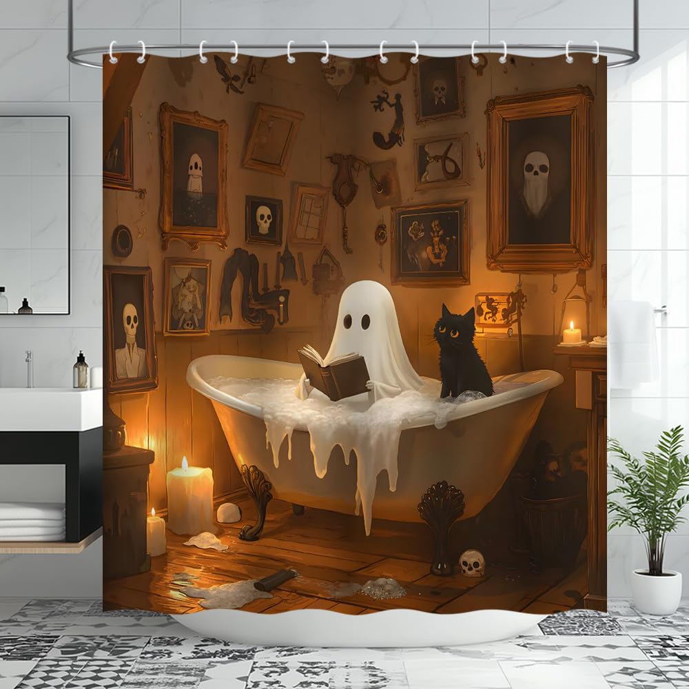 JEJOMEAG Funny Ghost Cat Shower Curtain Cute Halloween Scary Spooky Fun Orange Gothic Fabric Bathroom Decor Curtain with Hooks, 70Wx70H