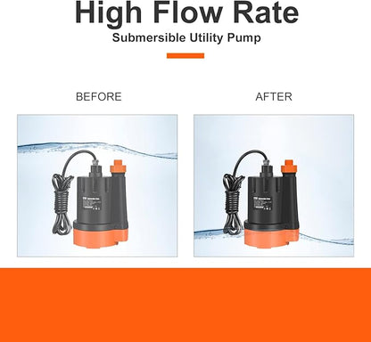 Submersible Water Pump, 1/3HP 2500GPH Utility Pump Portable Electric Clean Water Drainage Pump for Pool Draining, Flooding, Swimming Pool and Basement