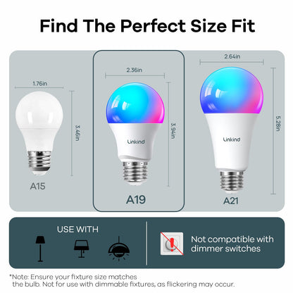 Linkind Smart Light Bulbs, 1600LM (100W Equivalent) Smart Bulb, Work with Alexa & Google Home, RGBTW Color Changing Bulb Music Sync, 2.4GHz Wi-Fi & Bluetooth, LED Alexa Light Bulbs 14W, A21 E26, 2Pack