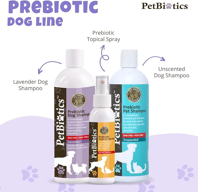 Petbiotics - Prebiotic Lavender Dog Shampoo - Gentle, All-Natural & Organic Dog Wash for Sensitive Skin, Promotes Healthy Skin Microbiome - 16 oz.
