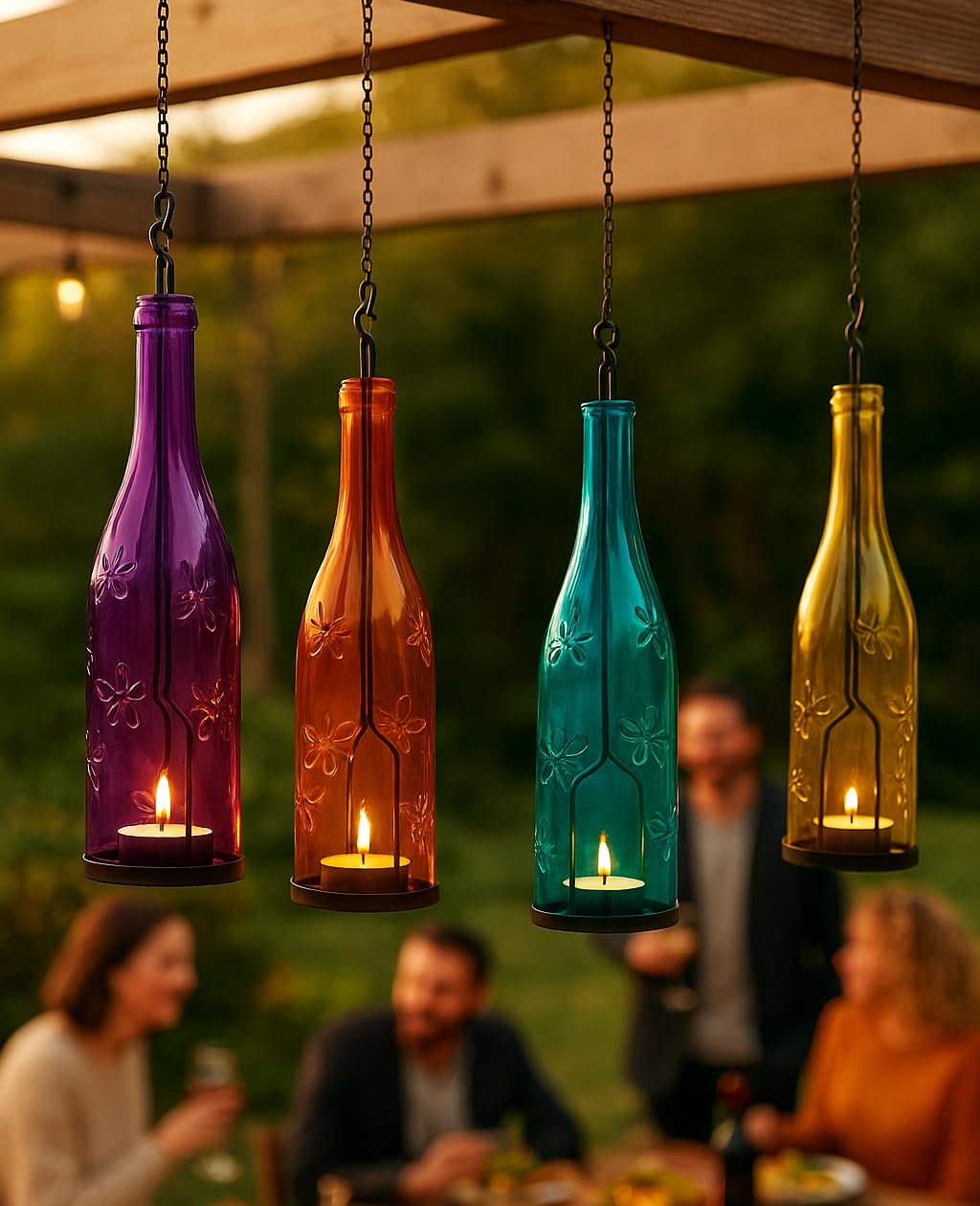 AceList 4-Pack Hanging Candle Holder for Cut Glass Bottles – Rustic Black Iron DIY Wine Bottle Lantern for Patio, Wedding, Halloween, Christmas Décor & Gift