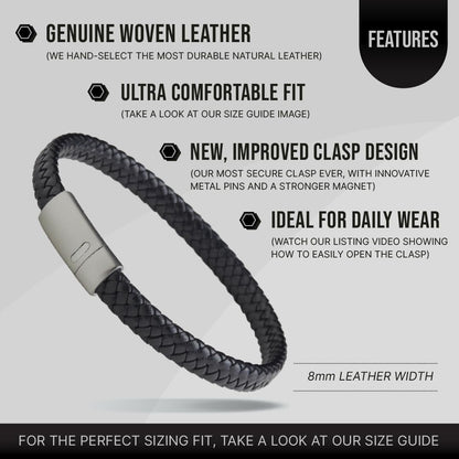 LUXAR Men’s Genuine Leather Bracelet | Interwoven Black Leather Bracelets with Brush Stainless Steel Clasp | Minimalist, Designer Jewelry for Men (Silver, Medium)