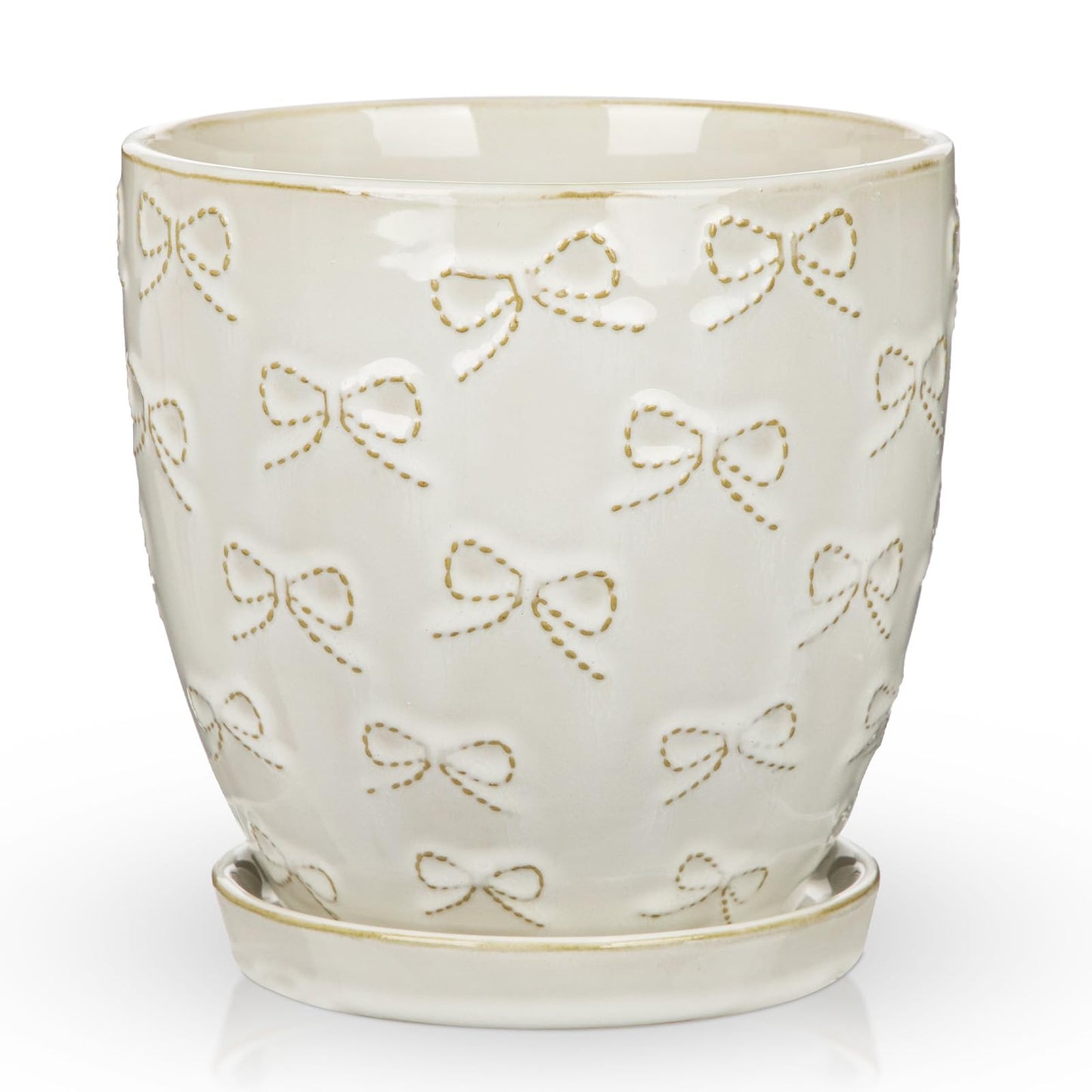 Hollyone 6 Inch White Ceramic Planter Flower Plant Pot with Drainage Hole and Saucer for Plants Embossed Indoor Outdoor Garden Embossed Ceramic Glazed Round Pot for Succulent Orchid Bow Pattern