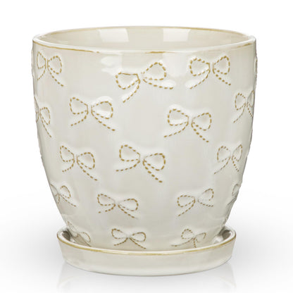Hollyone 6 Inch White Ceramic Planter Flower Plant Pot with Drainage Hole and Saucer for Plants Embossed Indoor Outdoor Garden Embossed Ceramic Glazed Round Pot for Succulent Orchid Bow Pattern