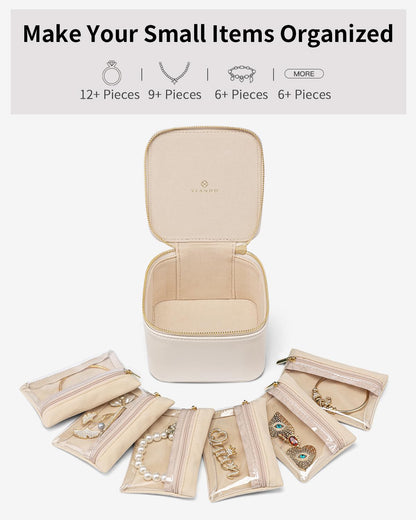 VLANDO Travel Jewelry Organizer Case with 6 Clear Velvet Zipper Pouches, Faux Leather Jewelry Storage Box for Rings, Earrings, Necklaces and Bracelets, Gift for Women