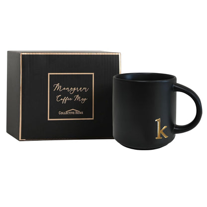 COLLECTIVE HOME - Black Monogram Ceramic Mugs, 15 oz Golden Initial Coffee Cups, Elegant Alphabet Tea Mugs, Personalized Halloween Mug with Gift Box, Perfect for Office and Home Décor (k)