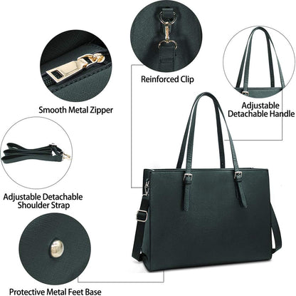 Laptop Bag for Women Waterproof Lightweight Leather 15.6 Inch Computer Tote Bag Business Office Briefcase Large Capacity Handbag Shoulder Bag Professional Office Work Bag Deepgreen
