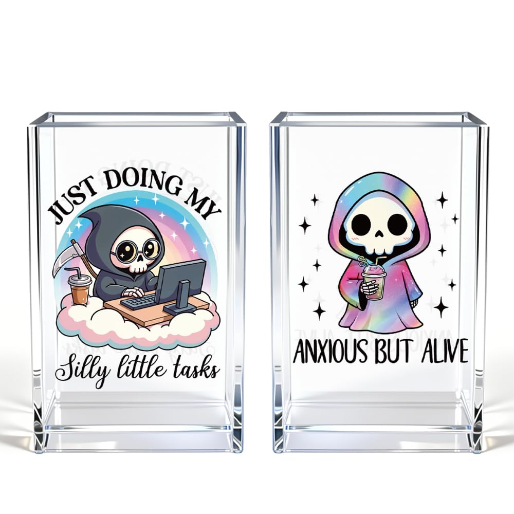 Vgrti Anxious But Alive Just Doing My Silly Little Tasks Acrylic Pen Holder Cup Set 2, Cute Pencil Holder Desk Organizer, Funny Skeleton Desk Decor, Office Sarcastic Gifts for Women Men Adult Coworker