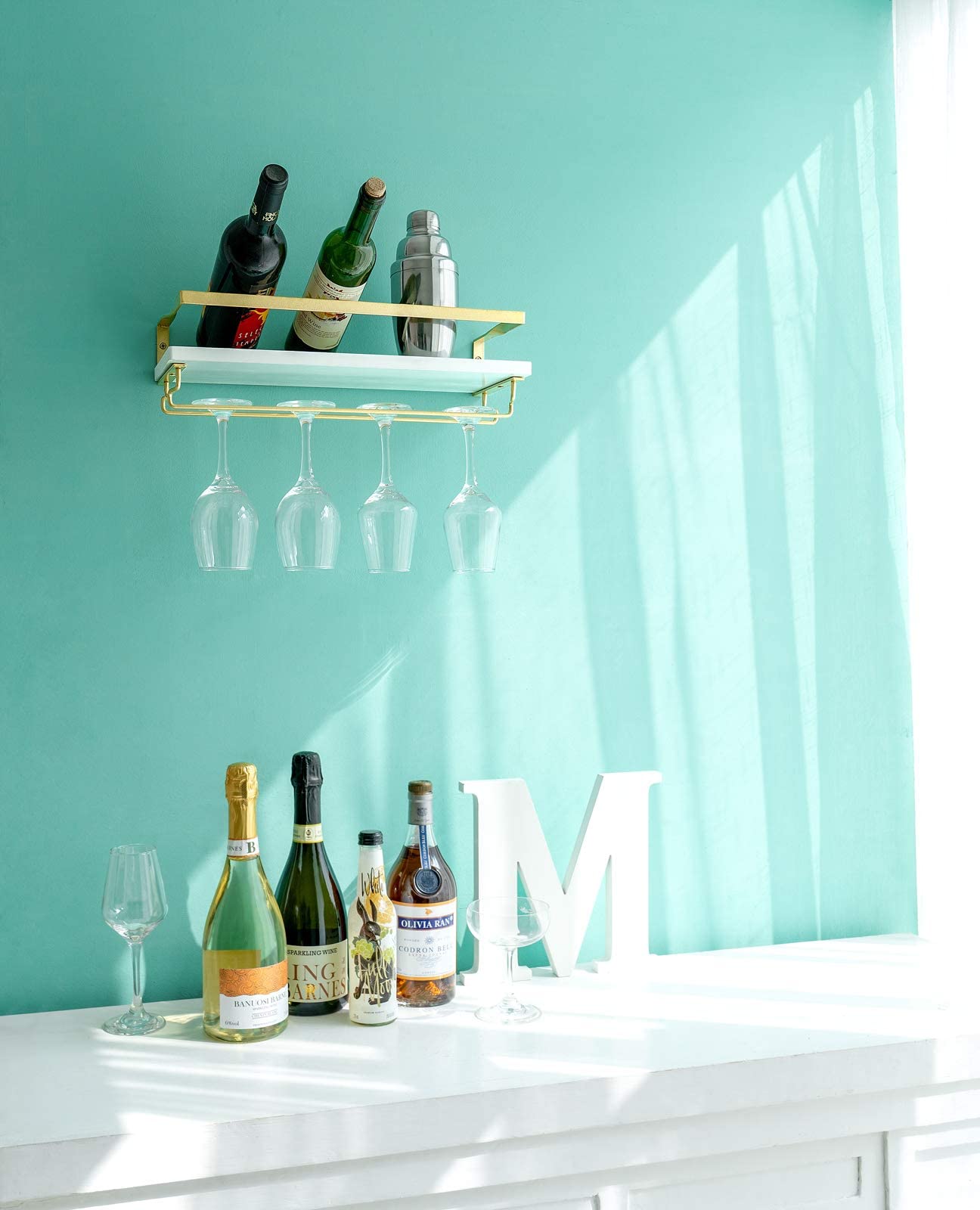 Mkono Wall Mounted Wine Rack Set of 2 White Wood Wine Bottle Glass Holder Floating Shelves with Stemware Hanger Modern Plants Photos Wine Display Storage Holder for Kitchen Dining Room Bar, 17 Inch