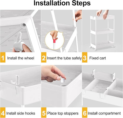 SPACELEAD 3 Tier Rolling Cart with Wheels, Storage Craft Art Trolley Organizer Serving, 3 Hanging Baskets Easy Assembly, for Office, Bathroom，Living Room, Kitchen, White