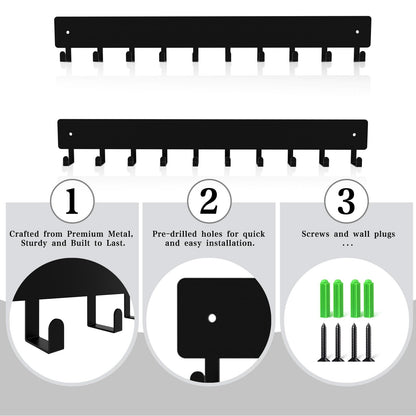 FengPingZi 14inch Wall Key Holder with 10 Hooks(2 Sets), Metal Key Rack Wall Mount for Keys, Bags and Leashes, Key Hanger for Decorative Organizer Apartment，Entryway,livingroom,Black