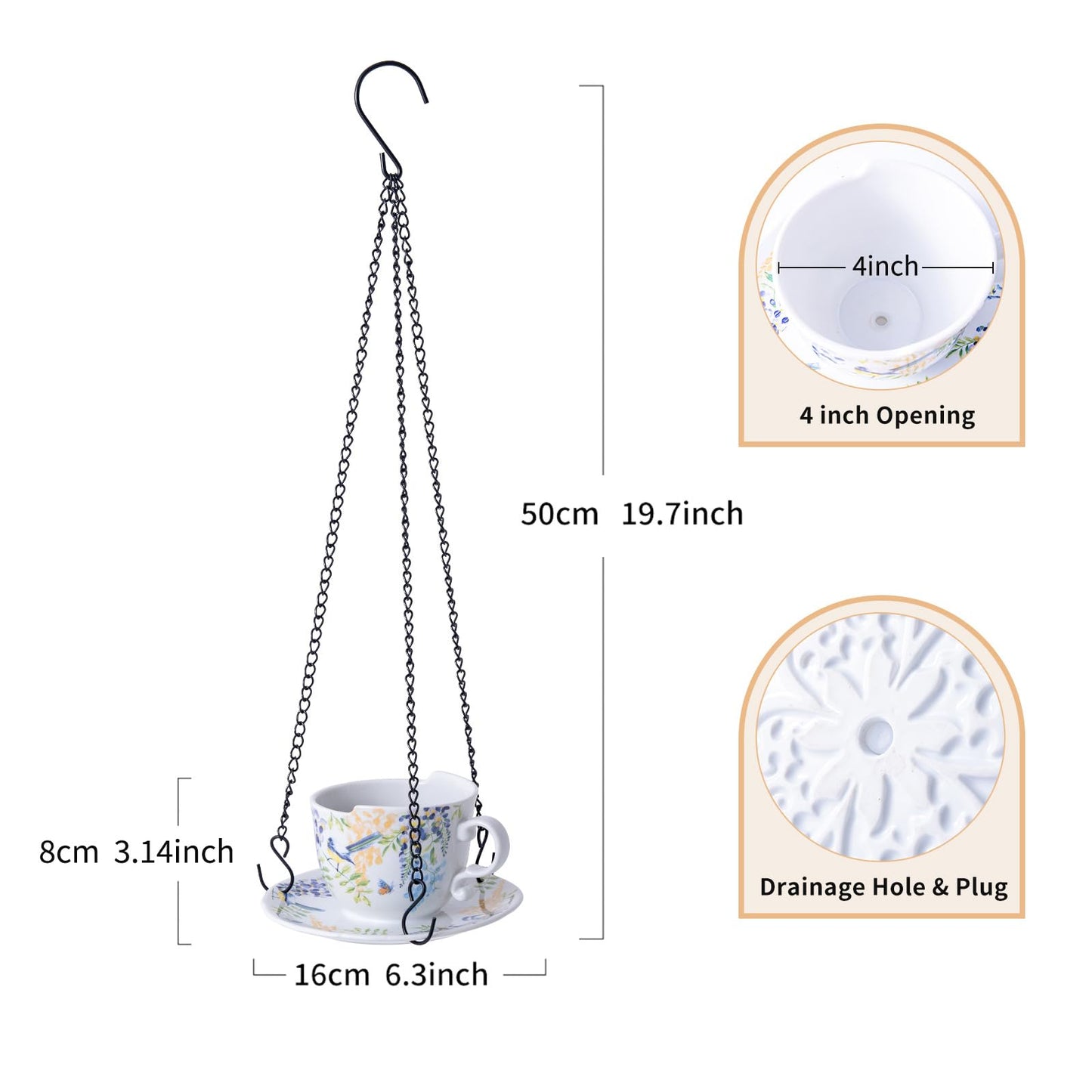 TEATALK Hanging Planters for Indoor Plants, Ceramic Pots with Drainage Hole, 6.3 Inch Hanging Planter with Chain, Outdoor Hanging Baskets for Plants, Birds & Flowers, Cup Shape