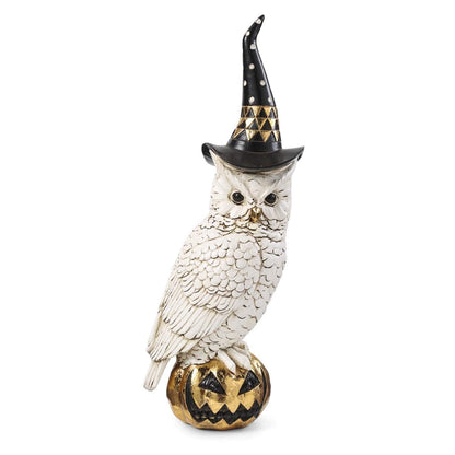 K&K Interiors 14 Inch White and Gold Owl with Witch Hat On Gold Jack O Lantern