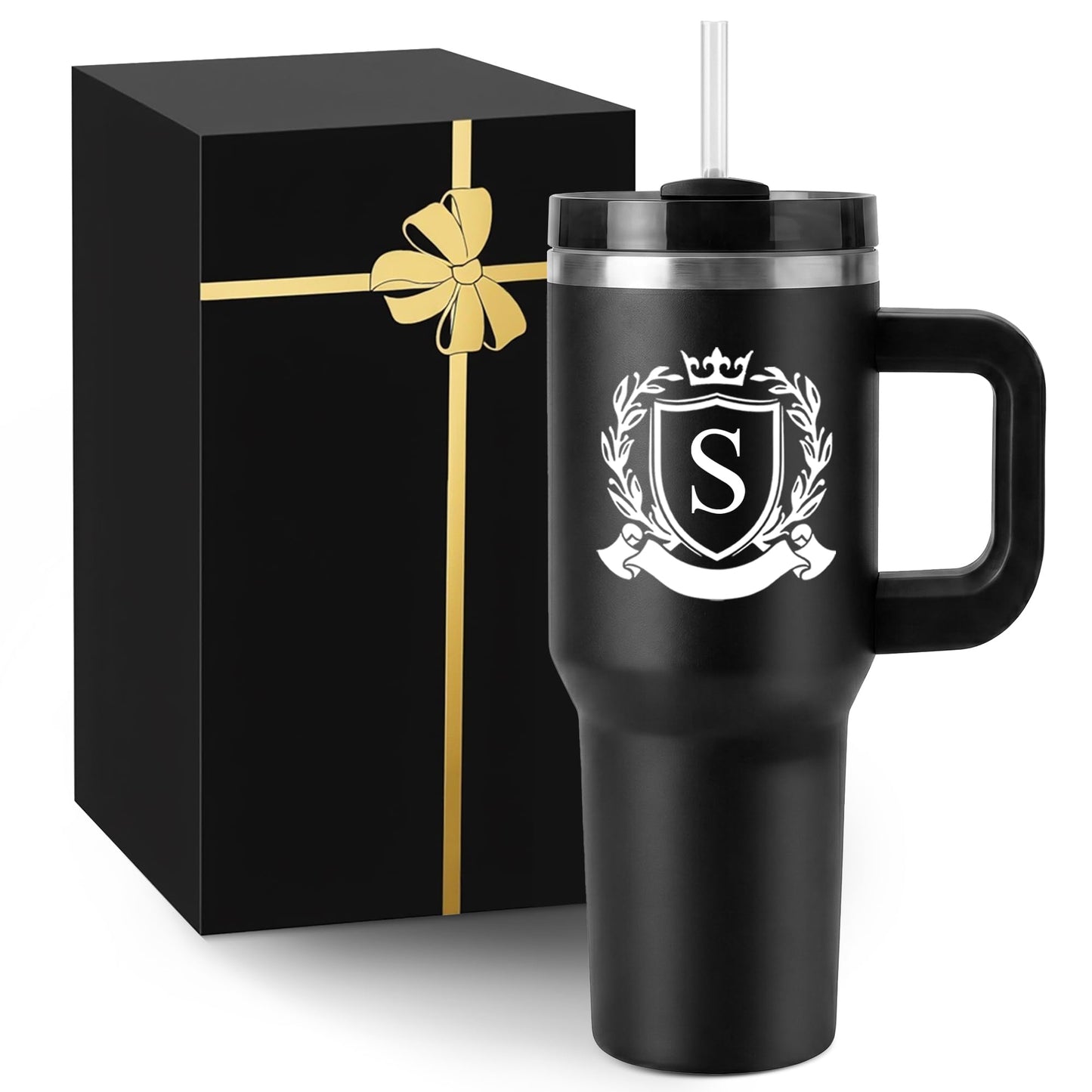 Initial 40 Oz Tumbler with Handle Lid Insulated Travel Cup Men Happy Retirement Gifts 2024 Cool Personalized Funny Best Unique Police Doctors Military Teacher Army Librarian Air Force Golf, S