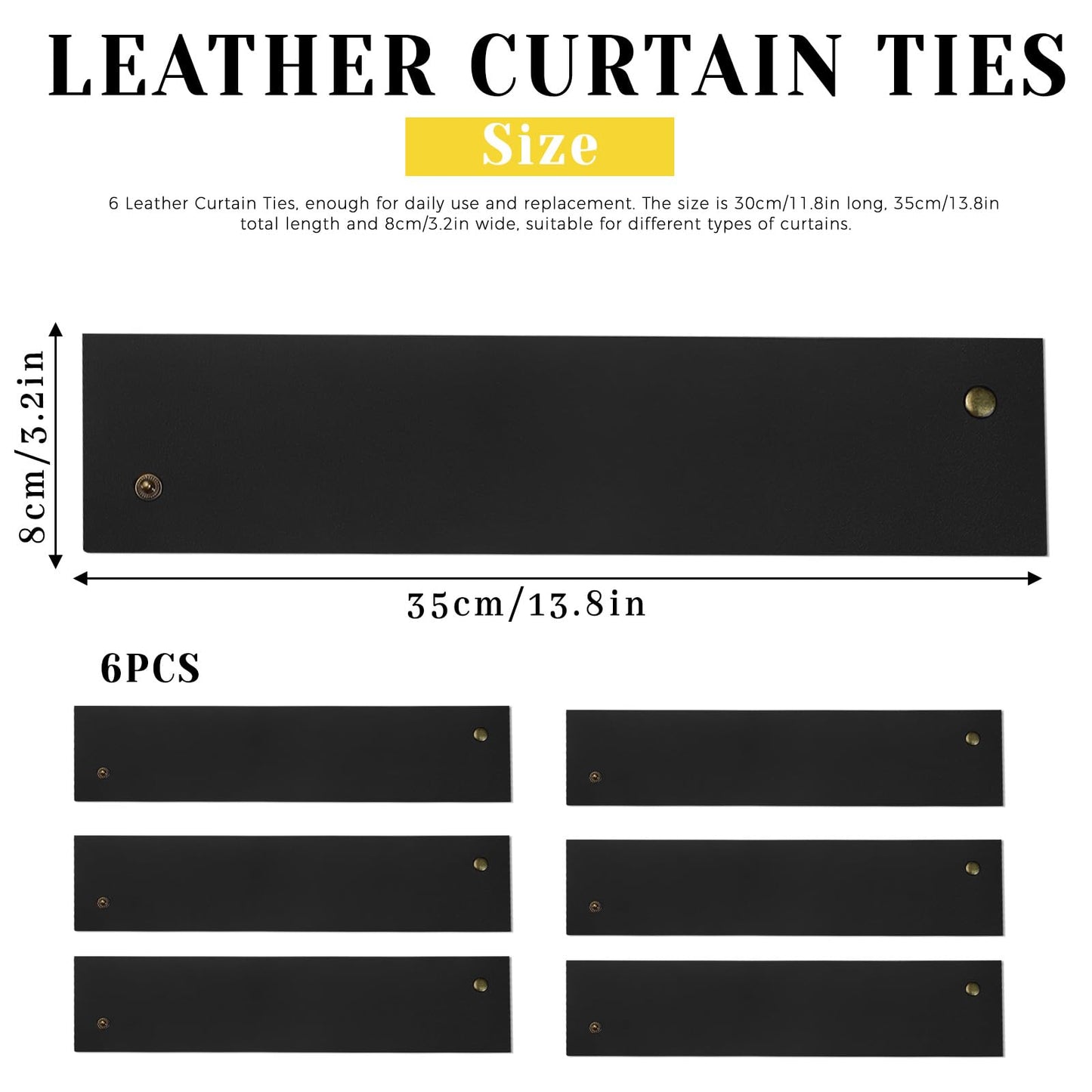 Realand 6Pcs Wide PU Leather Curtain Tiebacks, Elegant Buckle Curtain Tie Backs Decorative Curtain Holdbacks Holders for Home Outdoor Curtains and Drapes, Black