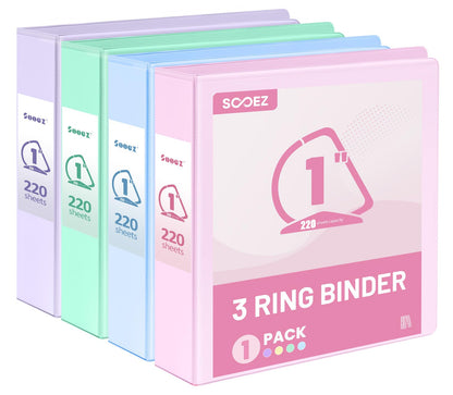 Sooez BinderX Extra Durable 4 Pack 1 Inch 3 Ring Binder, D-Ring Large Binder, Holds 880 Sheets of 8.5x11 Paper, Customizable View Cover with Inside Pocket, Pastels