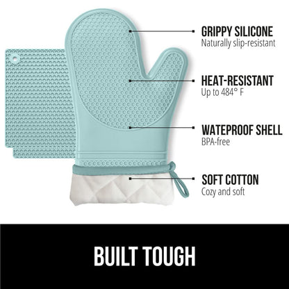 GORILLA GRIP BPA-Free Soft Silicone Oven Mitts and Pot Holders Sets, Heat Resistant Waterproof Cooking Gloves, Thick Cotton Lining, Flexible Gripping for Baking Grilling, Kitchen Trivets, Turquoise