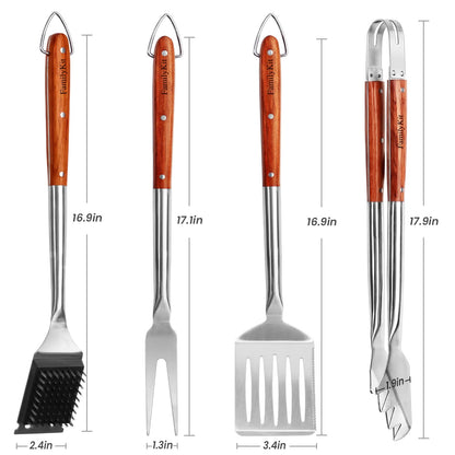 4PCS Grilling Accessories Rose Wooden BBQ Grilling Tools Set, Heavy Duty Stainless Steel Barbecue Grill Tools Kit with Spatula, Clips, Brushes, Forks for Outdoor Grill, BBQ Gift for Men and Women