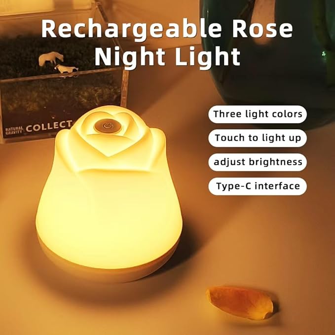 Rose Night Light, 3 Brightness Touch Control Dimmable LED Bedside Lamp, Portable Table Uplights Gift for Men Women Teens Kids Children Sleeping Aid(1 Pack)