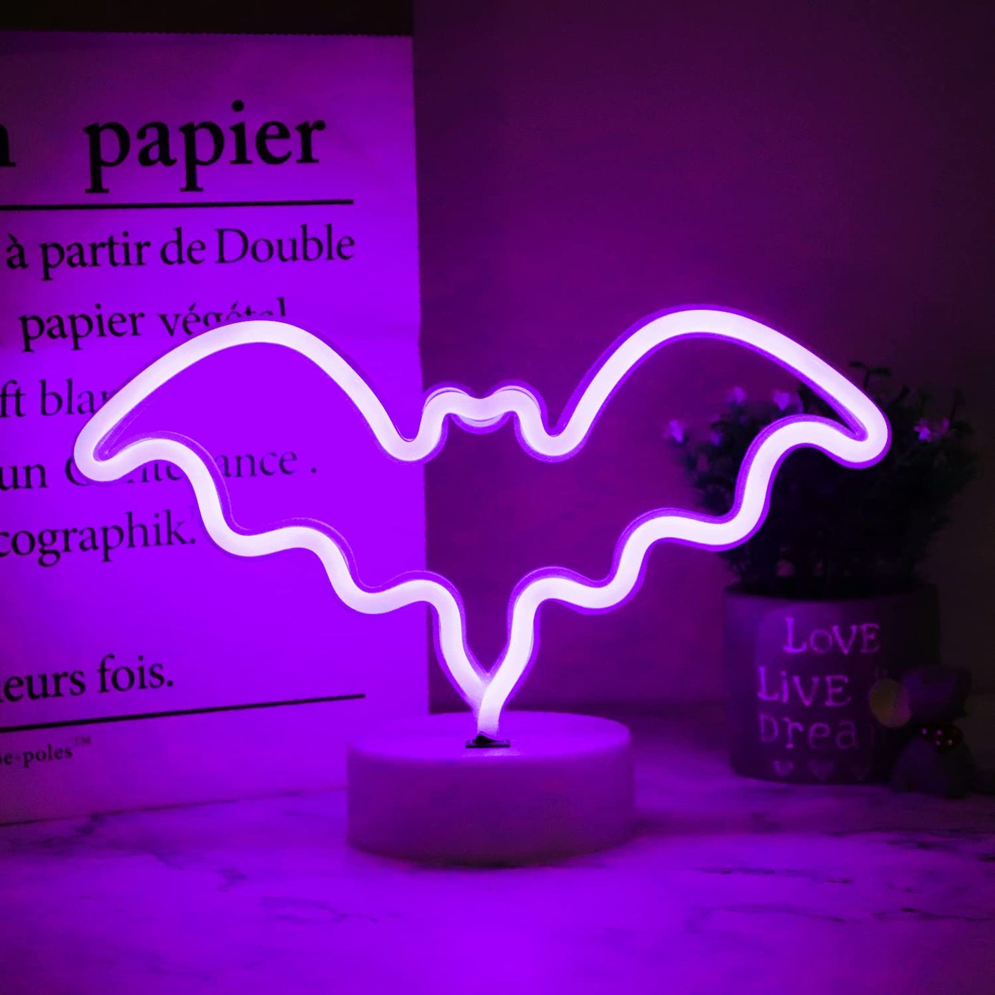 Vicila LED Neon Bat Lights Purple, Bat Shape Neon Signs Night Lights Battery Operated Desk Table Lamp for Bedroom, Bar, Wall, Halloween Decor-Bat with Holder Base(Purple)