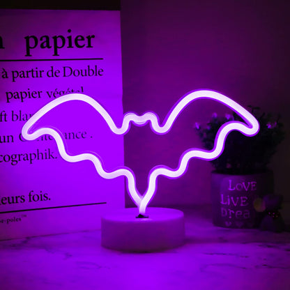 Vicila LED Neon Bat Lights Purple, Bat Shape Neon Signs Night Lights Battery Operated Desk Table Lamp for Bedroom, Bar, Wall, Halloween Decor-Bat with Holder Base(Purple)