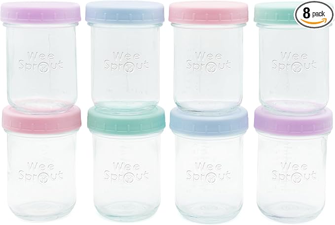 WeeSprout Baby Food Storage Glass Jars w/Lids (8 oz, 8 Pack) Pastel Variety, Snack, Reusable Small Containers, Fridge or Freezer, Microwave & Dishwasher Safe, Essentials for Infants