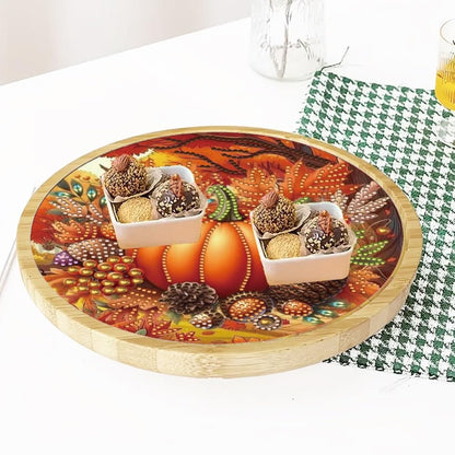 ARTopet DIY Diamond Round Serving Tray Diamond Art Painting Creative Design Handmade Bamboo Tray Dinner Plate for Coffee Breakfast Home Organizer-Fall Pumpkins