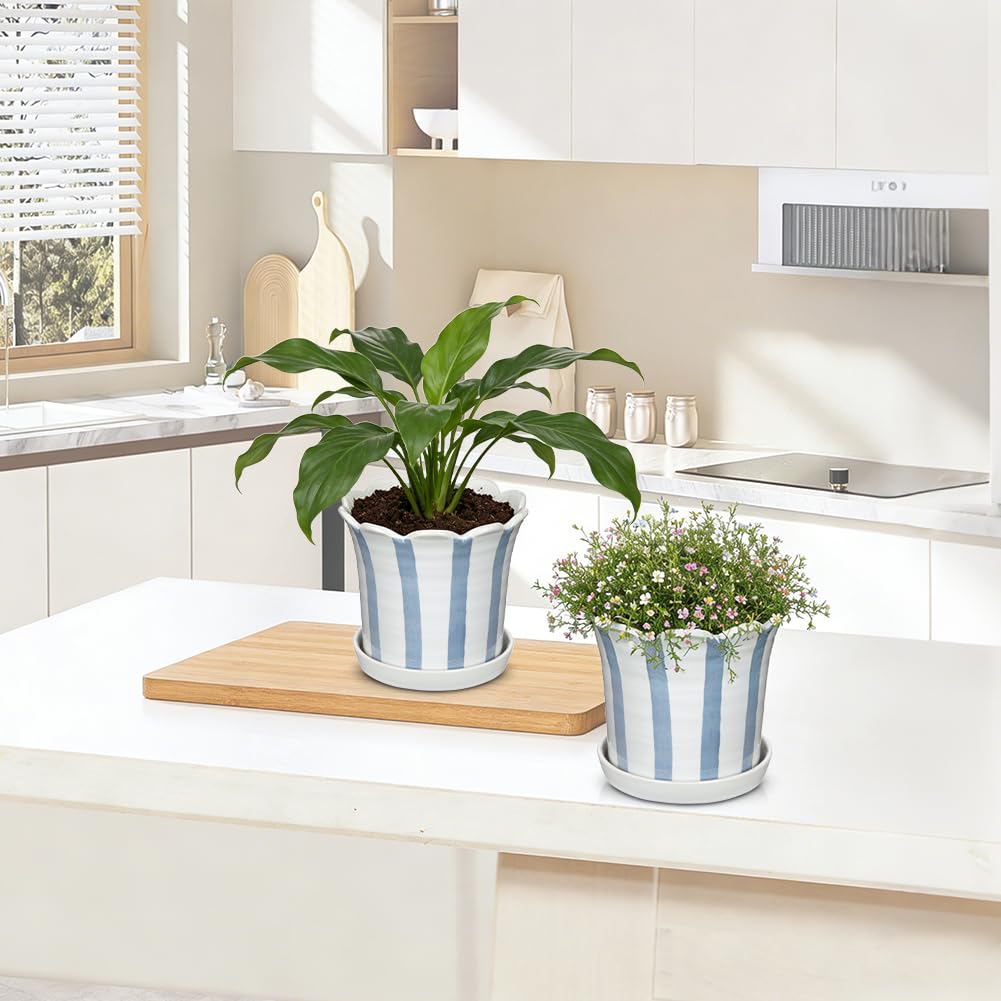 Nature Crafted Ceramic Plant Pots, 5.8 Inch Planter Pot with Drainage Hole and Sauser, Stripe Ceramic Planters with Floral Edge for Indoor Succulent Flower Orchid Plants Home Room, Blue