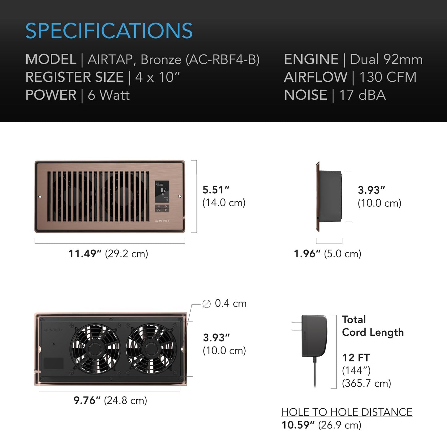 AC Infinity AIRTAP T4 Bronze, Register Booster Fan for 4” x 10” Register Holes, Improves Heating & Cooling Vents, Quiet 10-Speeds, Bluetooth App Control Data Alerts. ONLY FITS 4” x 10” Duct Openings
