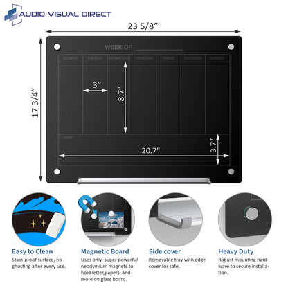 Audio-Visual Direct Magnetic Black 7 Day Calendar Glass Dry-Erase Board Set - 2' x 1.5' - for Wall - Weekly Planner