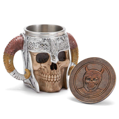 Stainless Steel Viking Skull Mug+Coaster,Double Handle Horn Skull Beer Mug Tankard, Medieval Drinkware Mug for Coffee/Beverage/Juice17oz.