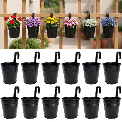 LaLaGreen Rail Planter (6 Inch, 12 Pack) Black Metal Hanging Flower Railing Fence Balcony Gardening for Apartment Patio Planters Outdoor Deck Modern Decoration Garden Style Iron Porch Decor Pots