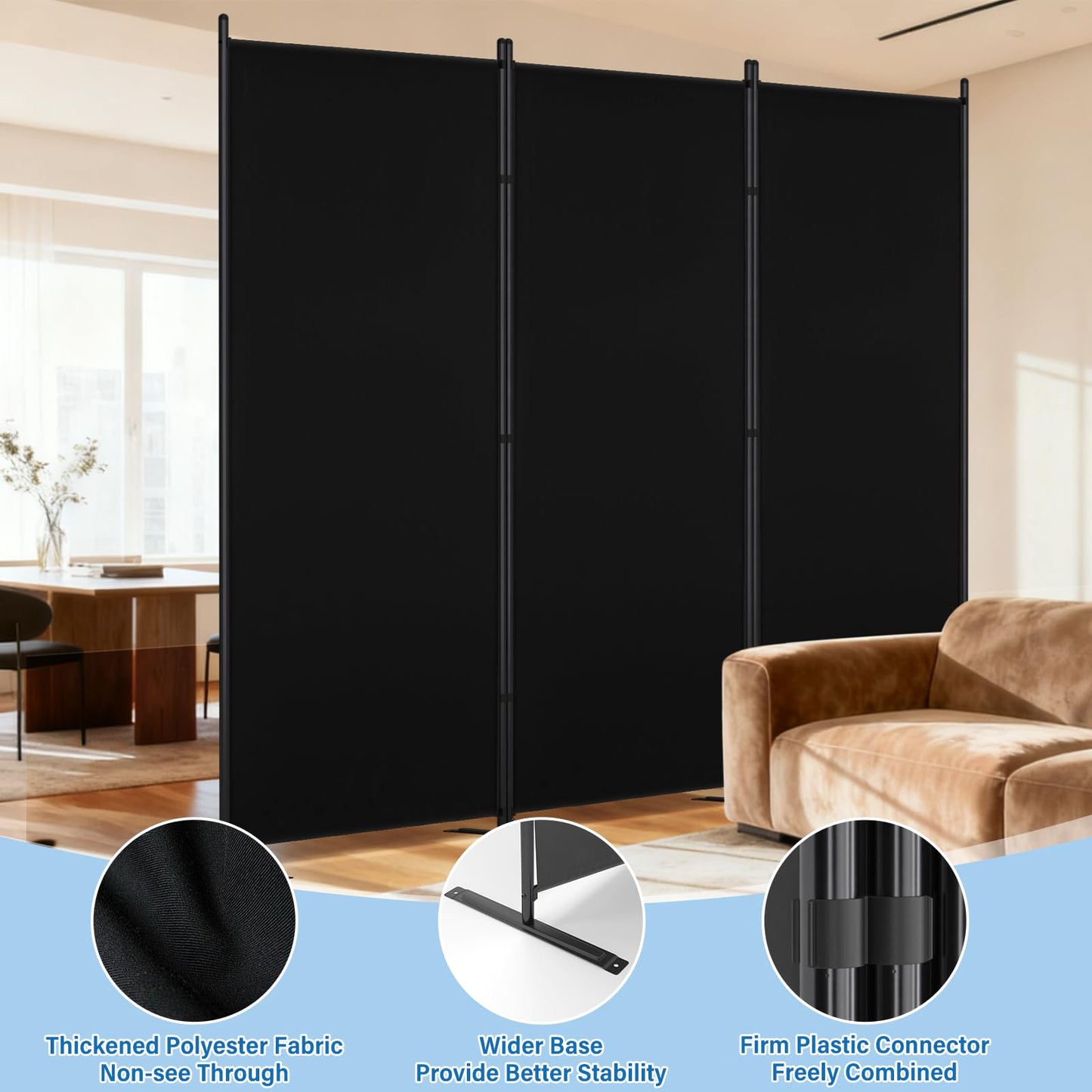 AKTOP 3 Panel Room Divider 6FT – 103" W x 70" H Folding Privacy Screen, Freestanding Fabric Room Partition, No-Drill Temporary Wall Divider for Apartment, Dorm, Studio, Home Office, Bedroom – Black