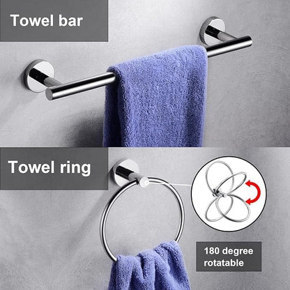 10 Pieces Polished Chrome Bathroom Hardware Accessories Set,Hand Towel Ring,16 inch Towel Bar,Toilet Paper Holder,4pcsTowel Hooks,Round SUS304 Stainless Steel Heavy Duty Wall Mount Holder,Towel Rack
