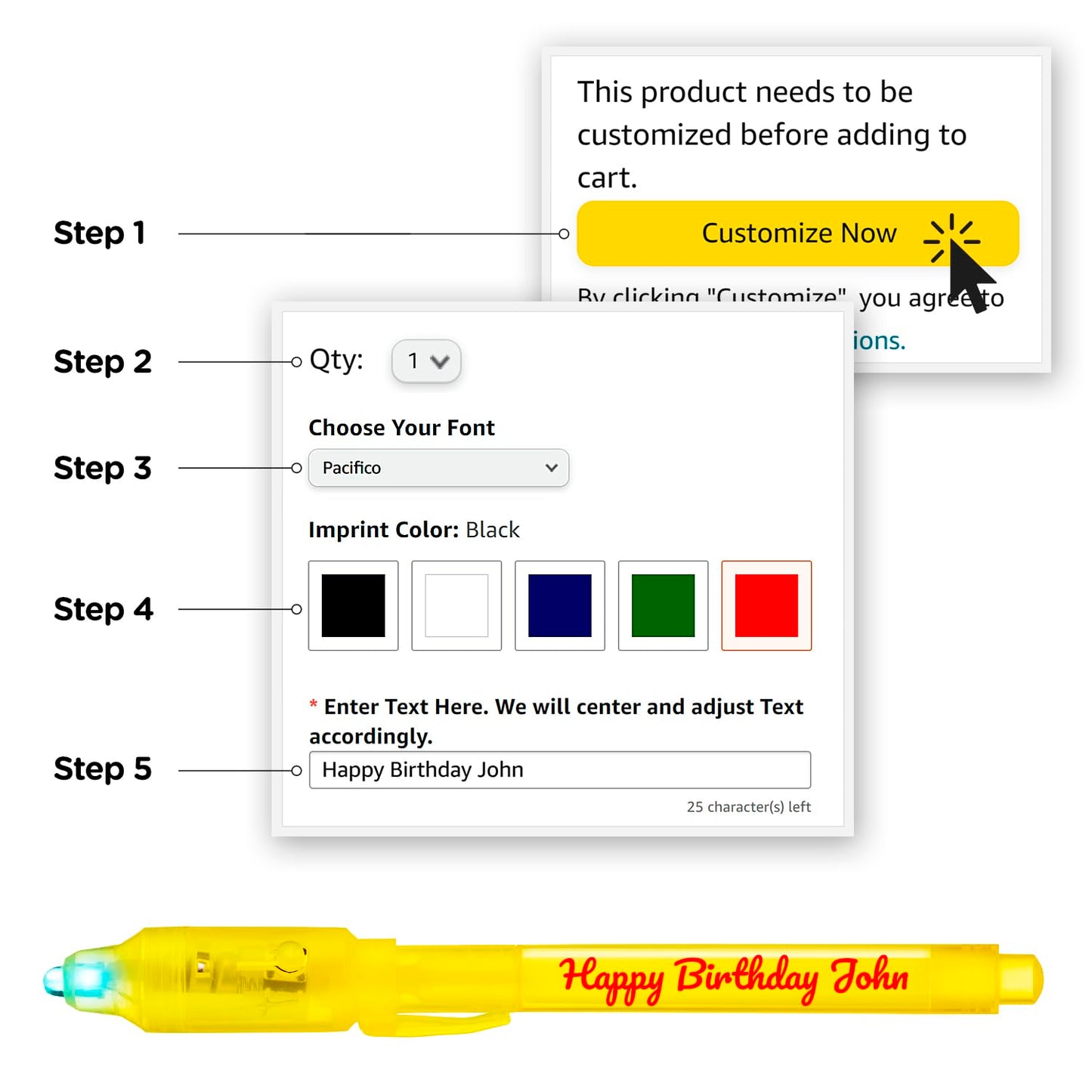 Personalized Invisible Disappearing Ink Pen Marker Pack, Custom Secret Spy Message Writer with UV Light, Fun for Kids Party Favors Gifts and Stock Stuffers, 24 Pack, Yellow