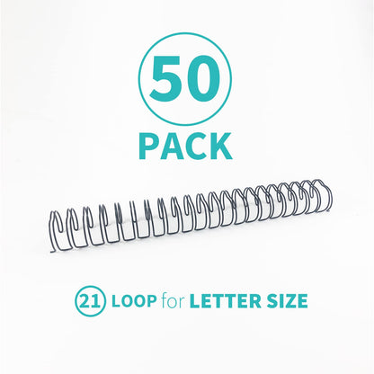 Binditek 50 Pack Double Loop Wire Binding Spines, 1Inch Binding Wire for Letter Size, 2:1 Pitch, 220 Sheet Capacity, 21-Loop, Black, for Students and Coworkers