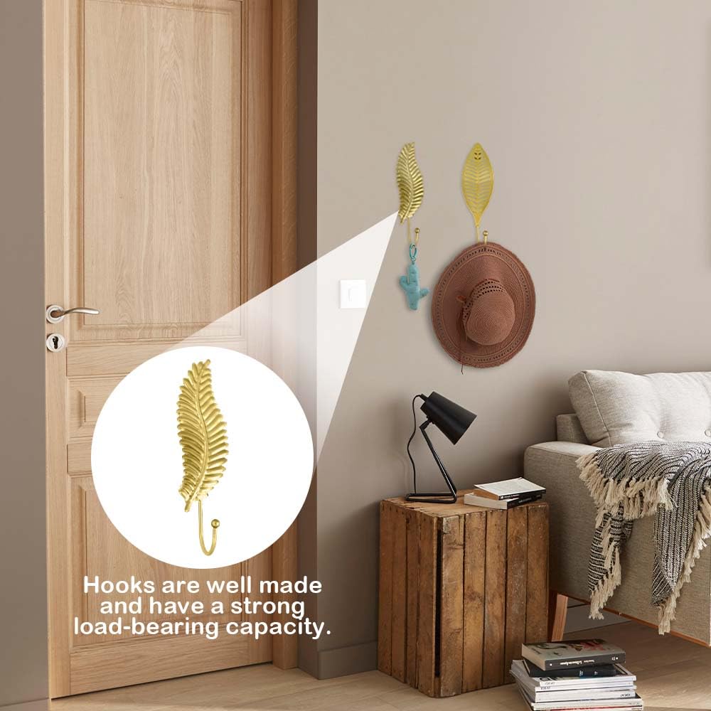 IUMLXJO 7pcs Leaves Wall Hooks for Hanging Heavy Duty, Gold Iron Decorative Hooks for Coat Towel Hat Wall Mount Hangers Racks for Bathroom, Kitchen, Door, Wardrobe, Farmhouse (Include Screws)