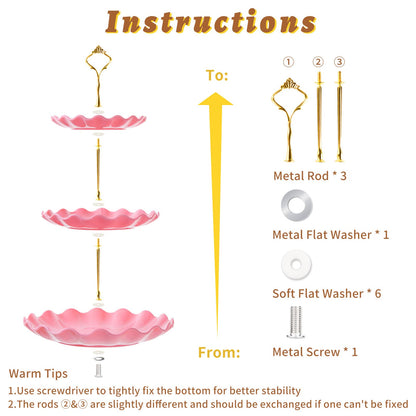 3 Tier Cupcake Stand Holder, BACUTHY Plastic Cup Cake Stand Tower with Tiered Serving Tray for Cupcakes, Donuts, Fruits and More, Pink