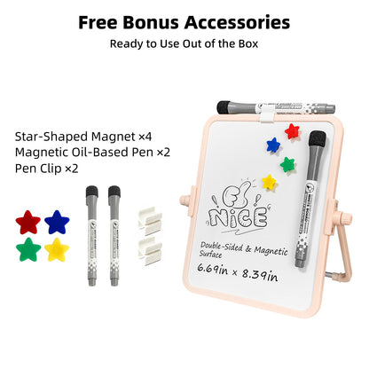 FUNISKETCH Colorful Dry Erase White Board 6.7x8.4in, Magnetic Desktop Board with Stand, 2 Markers (Eraser Head), 4 Magnets - Double-Sided Easel for Daily Planning, Memo, Office/Home/School (Pink)