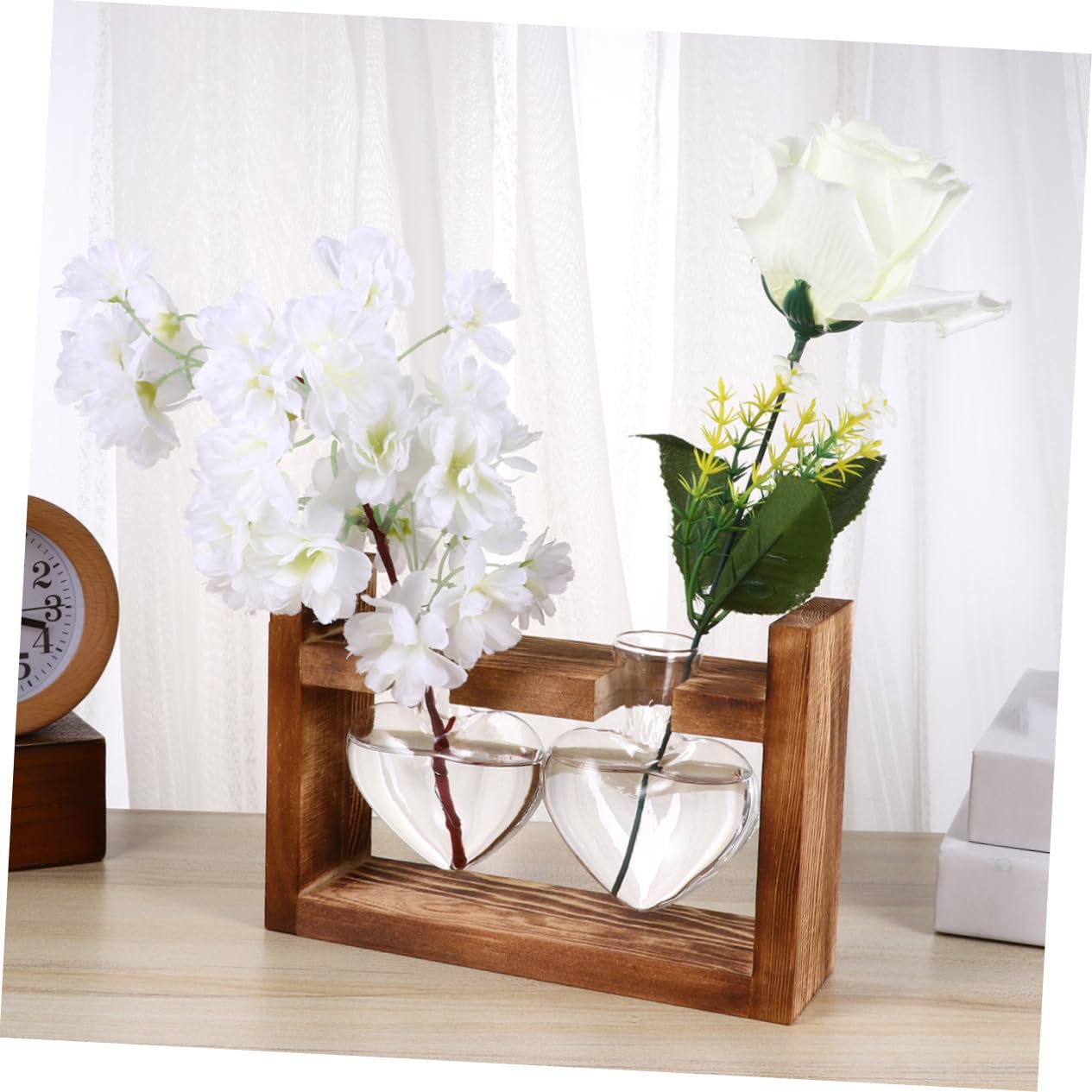 Ciieeo 2Pcs Heart Shaped Glass Hydroponics Planter with Retro Wooden Rack Temperature Resistant Vase for Flower Arrangement and Indoor Plant Propagation Decorative Terrarium for Home