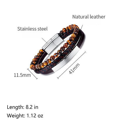 Kim Carrey Italian Handmade Genuine Leather Multi-Layer Cuff Bracelet for Men with Stainless Steel Clip, 8.2" Tiger Eye