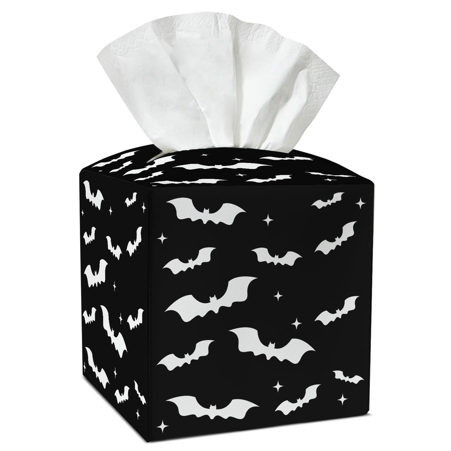 Black Bat Tissue Box Covers Square, Leather Tissue Holders Decorative for Home Office Kitchen Bathroom Organizer, Square Facial Paper Organizer Halloween Home Decor -003