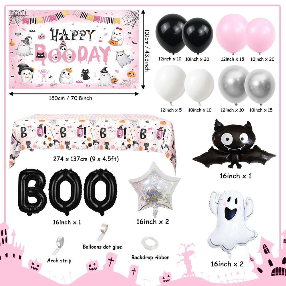 AIBIIN 113pcs Pink Black Halloween Birthday Party Decorations Halloween Happy Boo Day Party Kit With Happy Booday Banner Little Boo Balloon Garland Kit Ghost Birthday Party Tablecloth