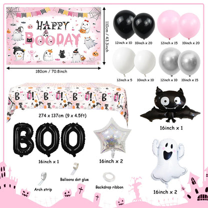 AIBIIN 113pcs Pink Black Halloween Birthday Party Decorations Halloween Happy Boo Day Party Kit With Happy Booday Banner Little Boo Balloon Garland Kit Ghost Birthday Party Tablecloth