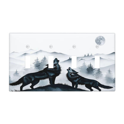 Spshian Light Switch Cover Black White Ink Forest Wolf Moon Mountain 4 Gang Switch Plate Covers Quad Toggle Wall Plates Decorative Switchplate Electrical Faceplate for Bathroom Bedroom Decor