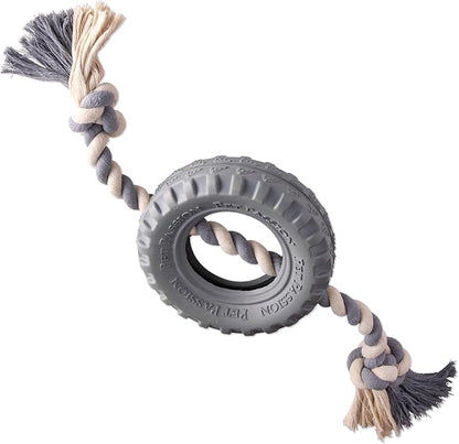 Pet Passion Natural Rubber Tire and Organic Cotton Rope Pull and Chew Dog Toy for All Pet Breeds, Gray, Medium