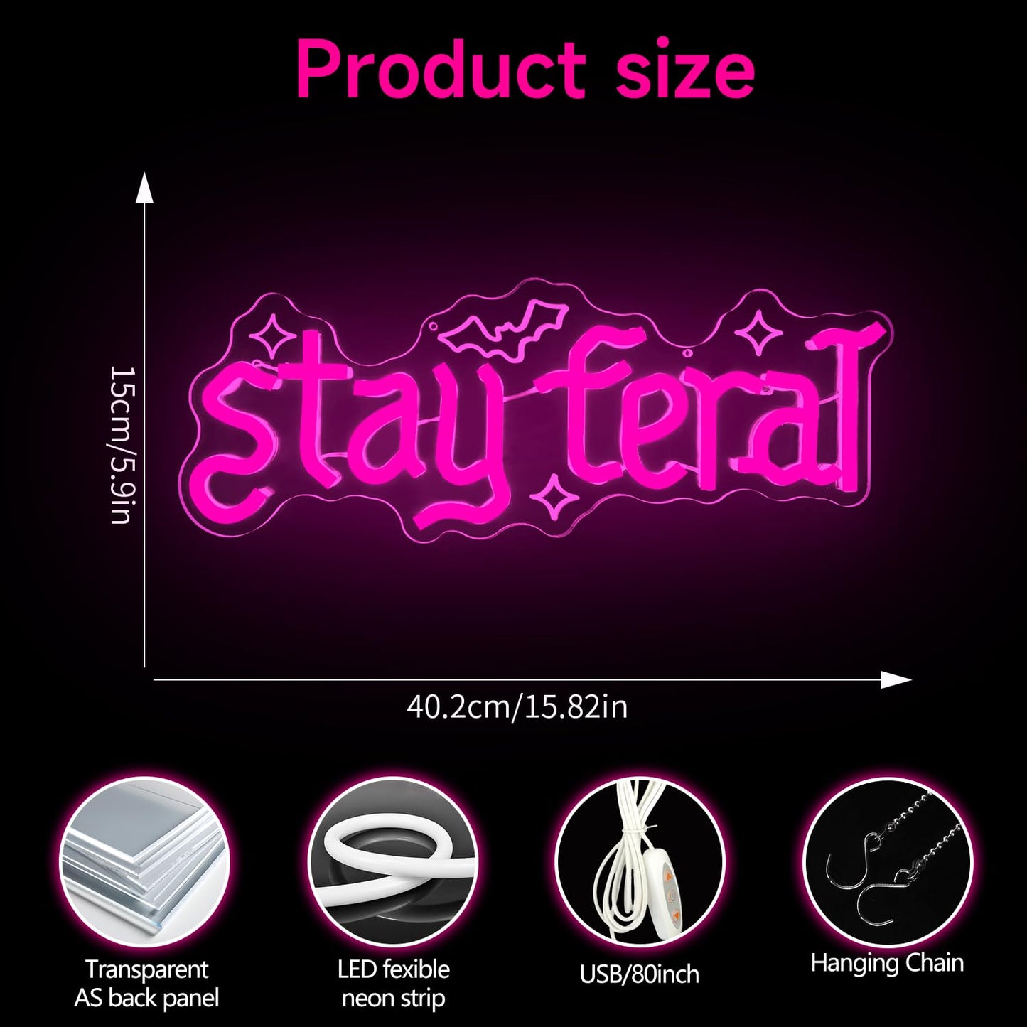 Stay Feral Neon Sign for Wall Decor Feral Led Sign Gothic Decor Dark Art Neon Light Signs Bat Light Up Sign for Bedroom Girl Goth Lover Halloween Decoration