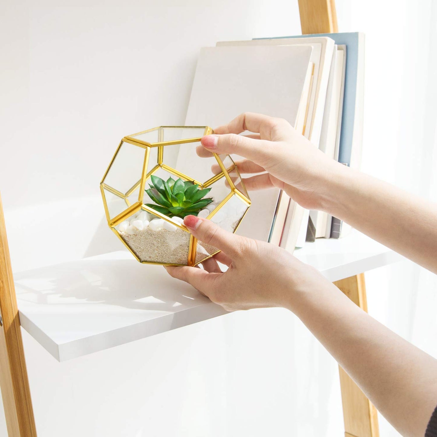 Mkono Artificial Succulent in 3 Pack Mini Glass Geometric Terrarium and Fake Hanging Plants in Farmhouse Galvanized Pots