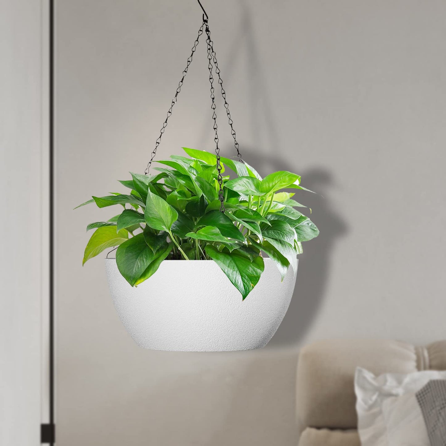 WSMKSZ 10 inch Hanging Planters for Outdoor Indoor Plants with Drainage Holes and Chain, 2 Pack Round Hanging Flower Plant Pots for Garden Home Porch Decor, White
