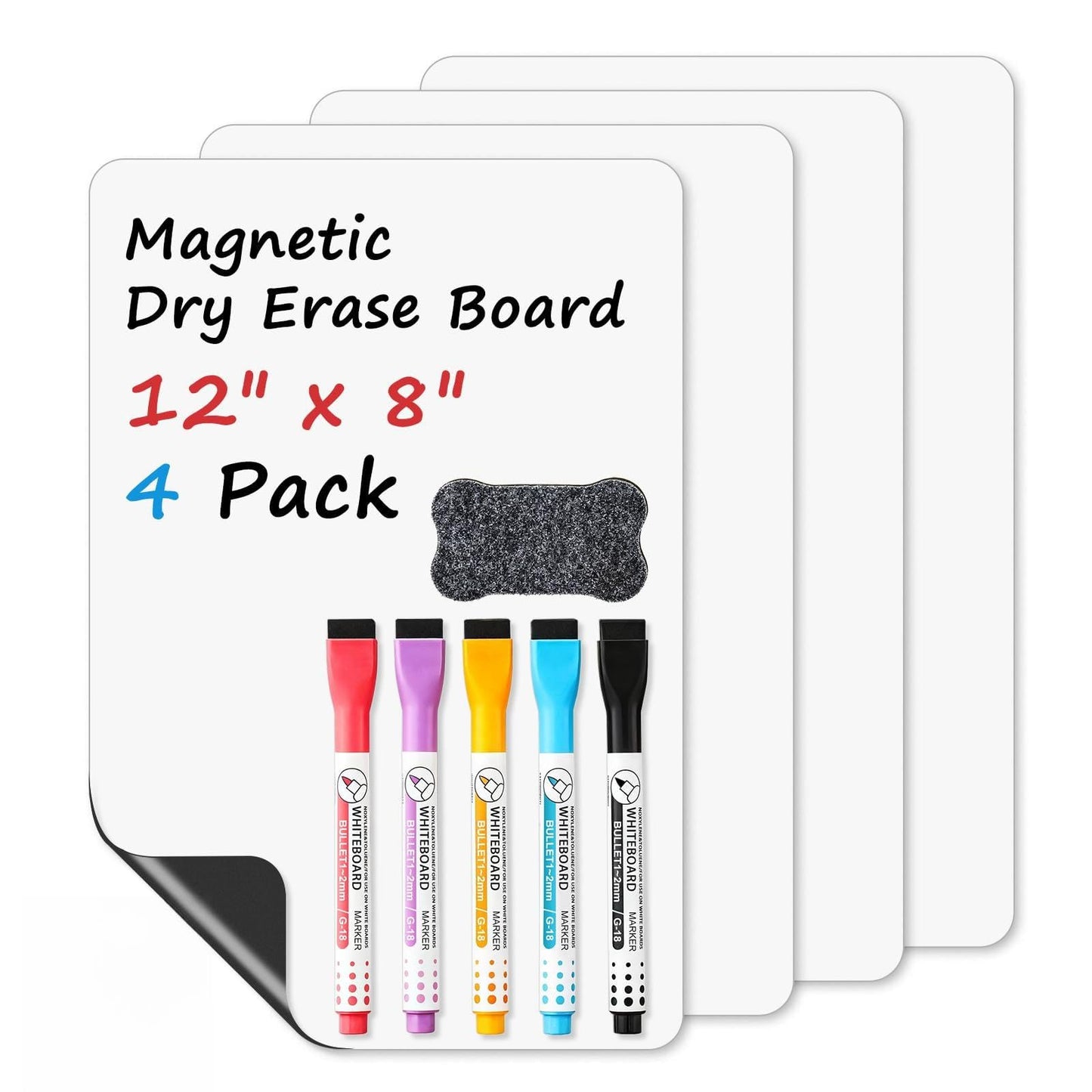 Magnetic Whiteboard for Fridge, 4-Pack Dry Erase Boards (12×8 in) with 5 Markers & Eraser, Strong Magnet & Stain-Resistant Surface, Reusable Message Board for Fridge, Family Planner & Kitchen Notes